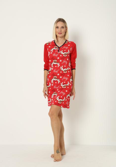 Camasa de noapte Craciun,imprimeu reni,culoare rosu ,En-gros